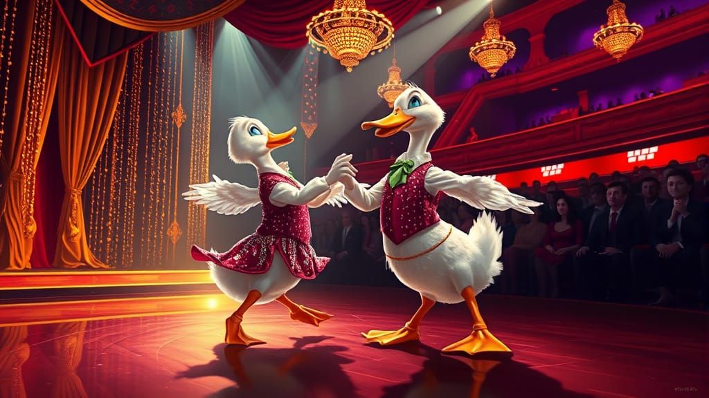 Ducks Dancing a Waltz on Stage, Digital Painting