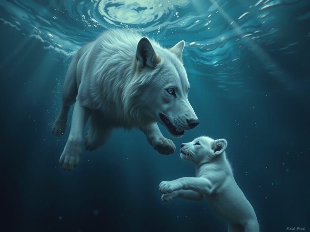 Majestic White Wolf Rescues Lion Cub in Turbulent Waters