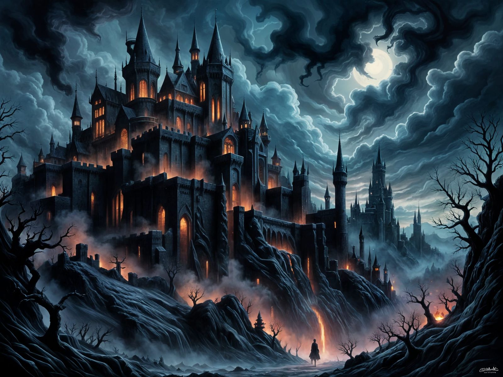 Gothic Castle Ruled by Chernabog in Graphic Novel Style