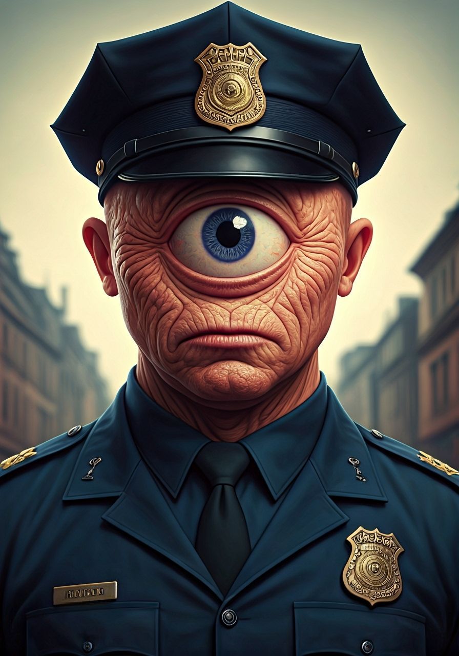 Stern Cyclops Officer in Dystopian Cityscape
