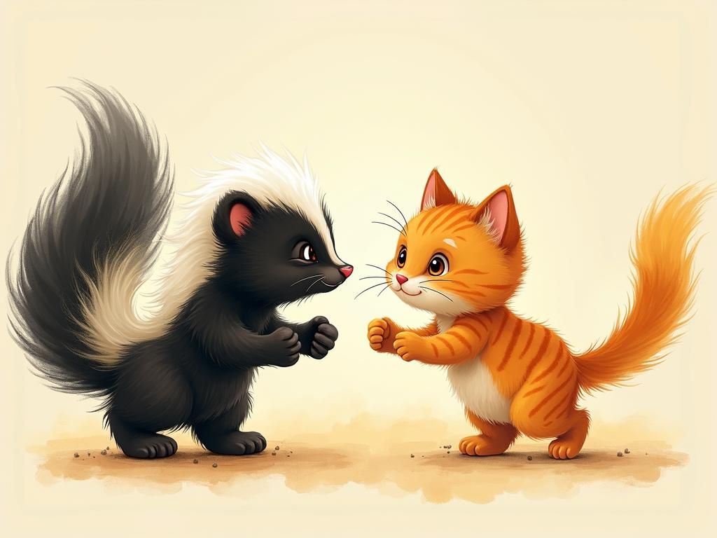 Playful Skunk and Curious Cat in Watercolor Style