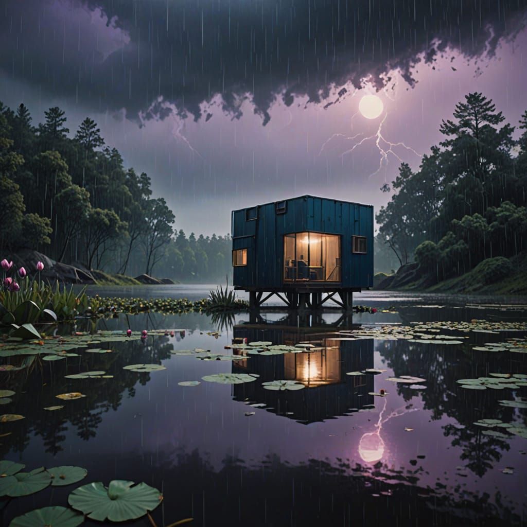 Moody Rainy Cabin Scene in a Futuristic Lake Setting
