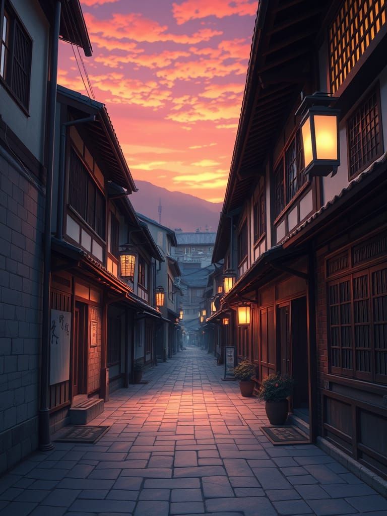 Kyoto's Gion District at Dusk: Anime-Style Digital Painting