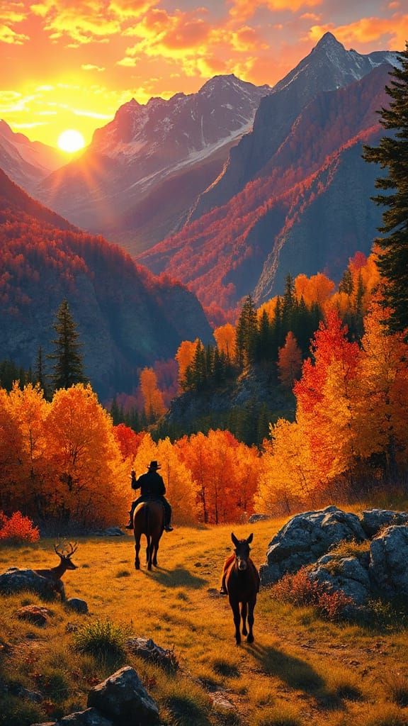 Western Landscape with Cowboy in Bierstadt Style