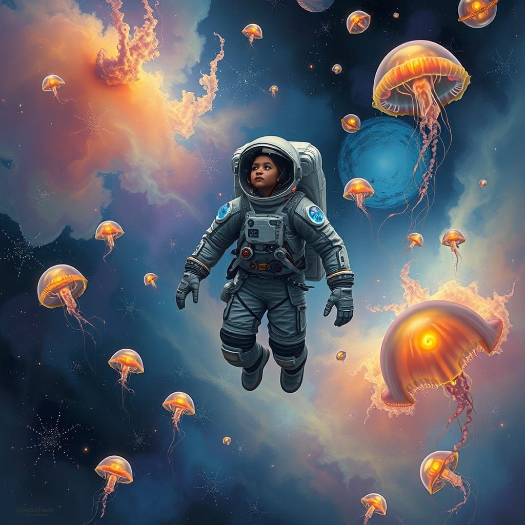 Astronaut in Nebula with Cosmic Jellyfish
