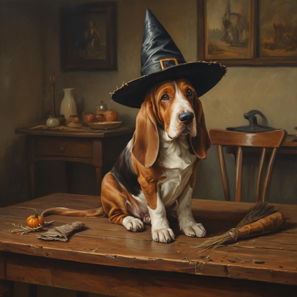 Whimsical Basset Hound Portrait in Oil Painting Style