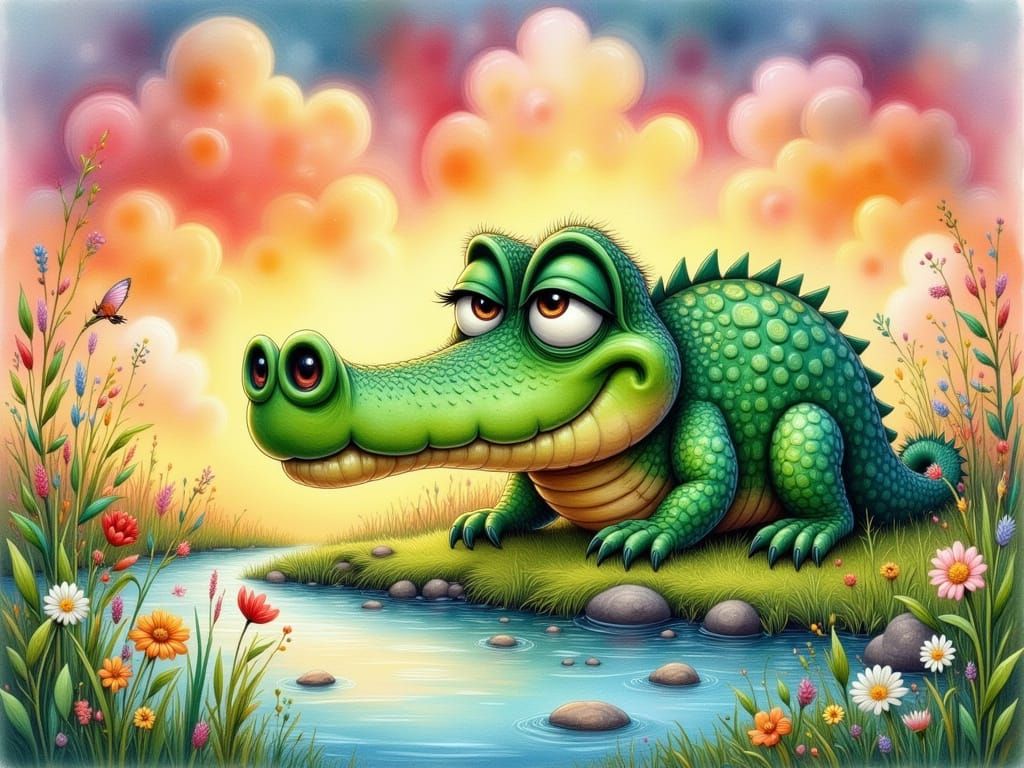 Whimsical Green Crocodile Basks in Sunset Glow