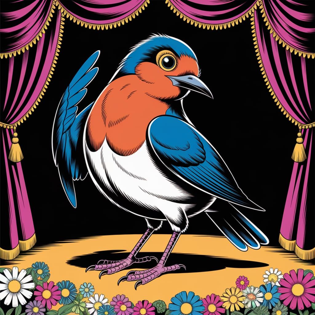 Anthropomorphic Robin Curtsies Onstage in Pulp Comic Style