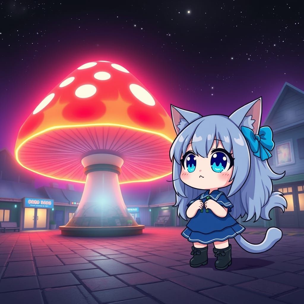 Adorable Chibi Catgirl Marvels at Futuristic Mushroom
