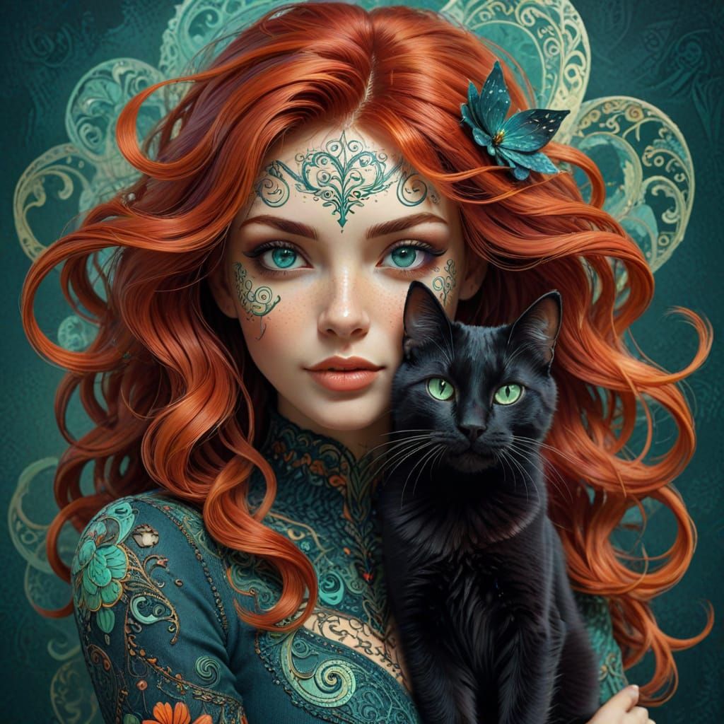 Bohemian Witch Girl Embraces Black Cat with Emerald Eyes