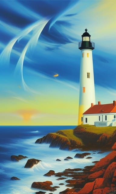 Sunset Seascape with Lighthouse: Expressionist Acrylic Paint...