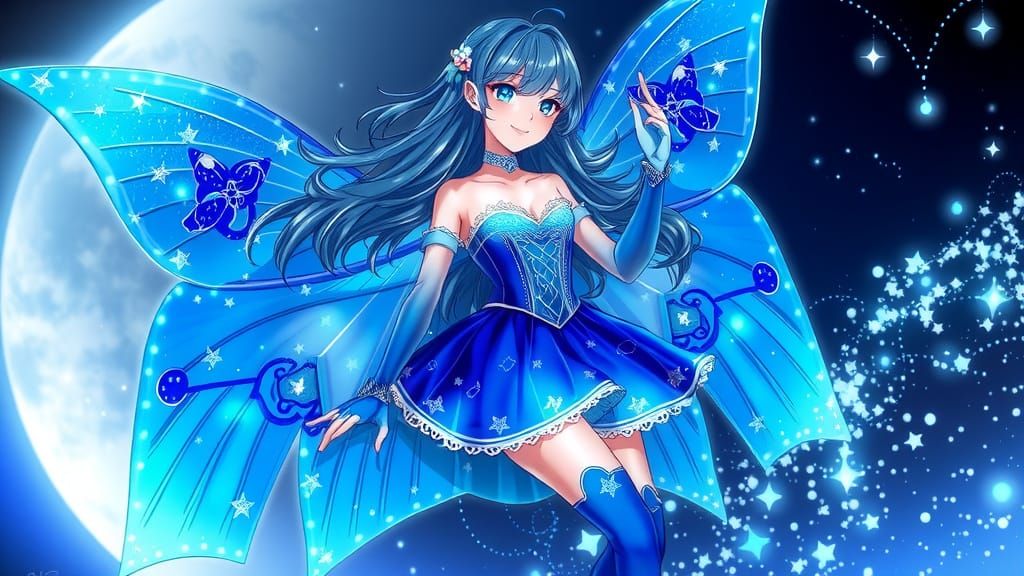 Ethereal Fairy in Sapphire Blue Wings and Celestial Outfit