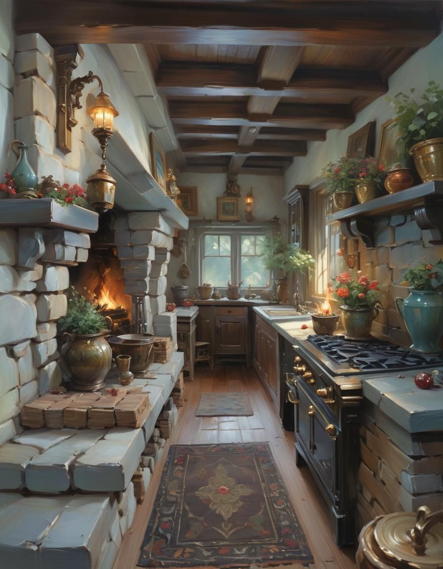 Cozy Cottage Interior: Intricate Oil Painting