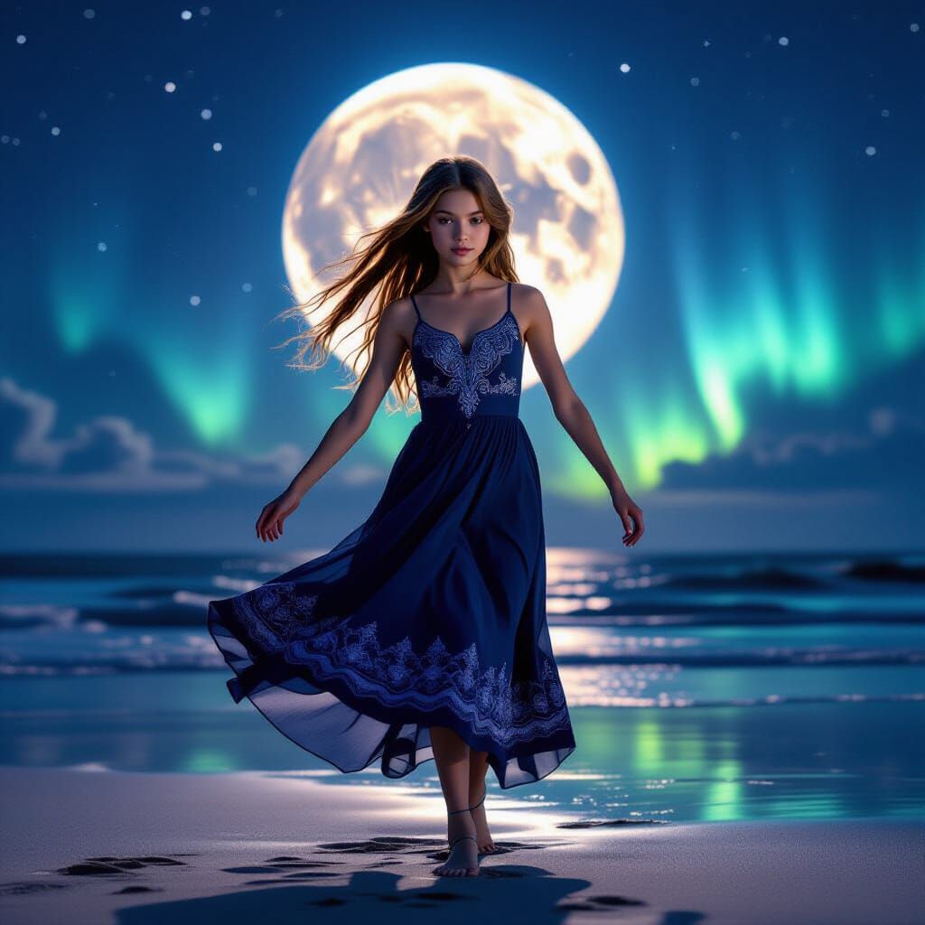 Girl Dancing on Beach Under Moon and Aurora