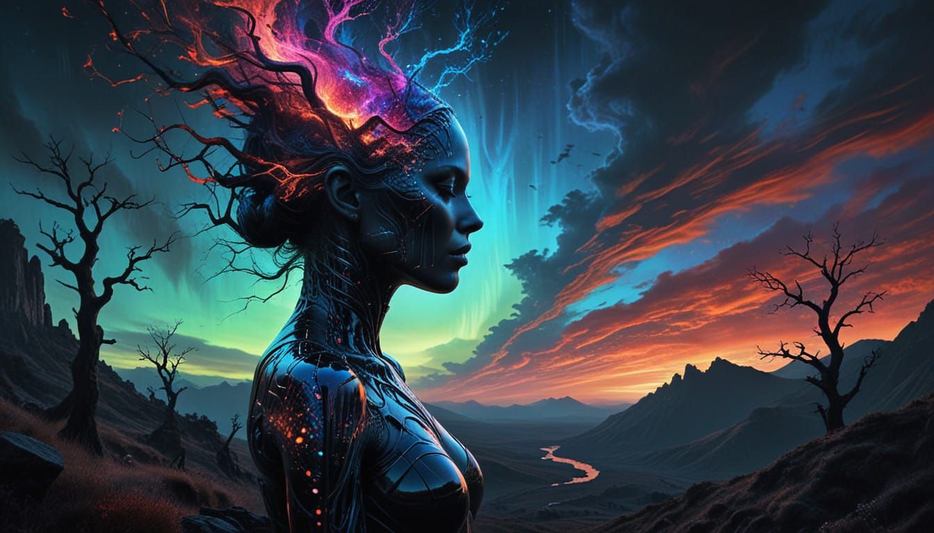 Ethereal Gothic Spirit in Vibrant Surreal Landscape