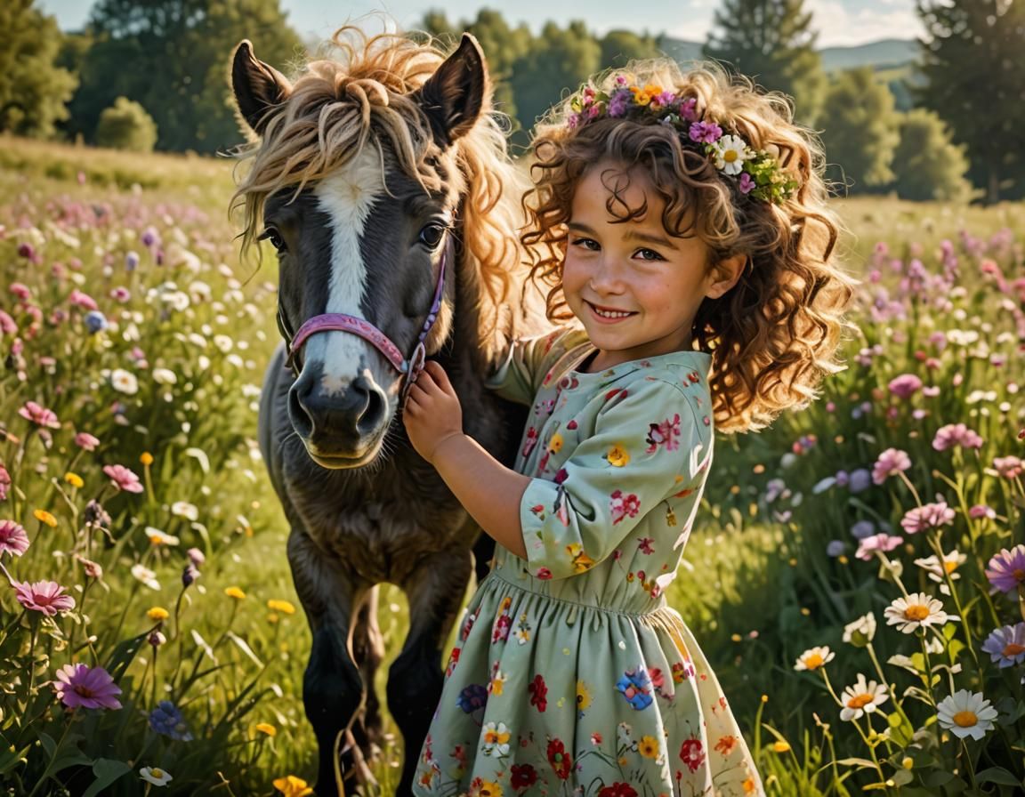 Heartwarming Pony and Child Embrace in Sunny Meadow