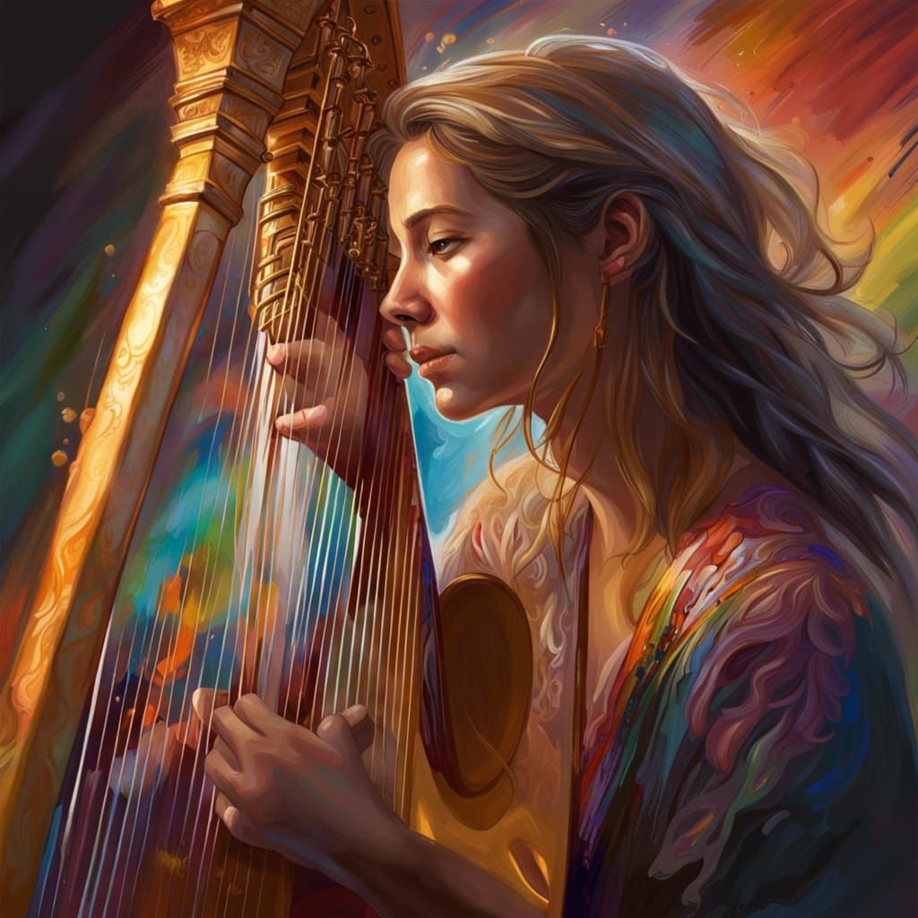 Detailed Harpist in Colorful Splash Art Style