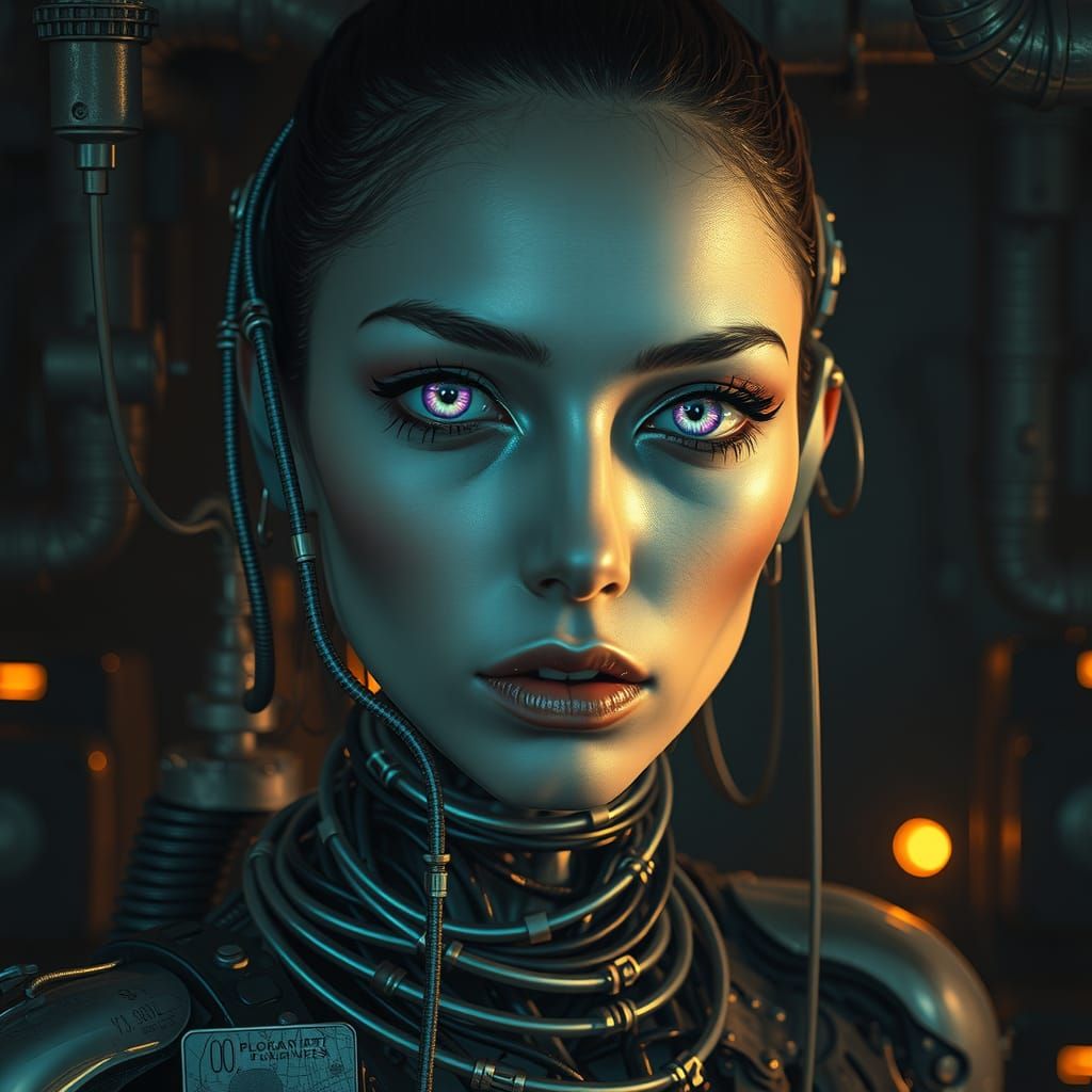 Cyborg Woman in Industrial Setting as Impasto Painting