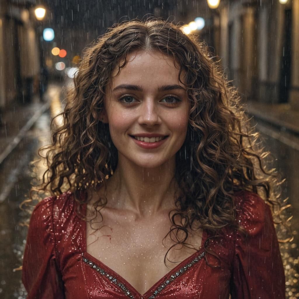 Edwardian Woman in Red Gown Walking in Rain