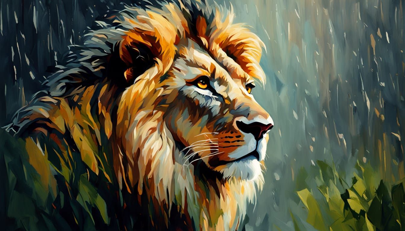 Impasto Oil Painting of a Solitary Lion in Downpour