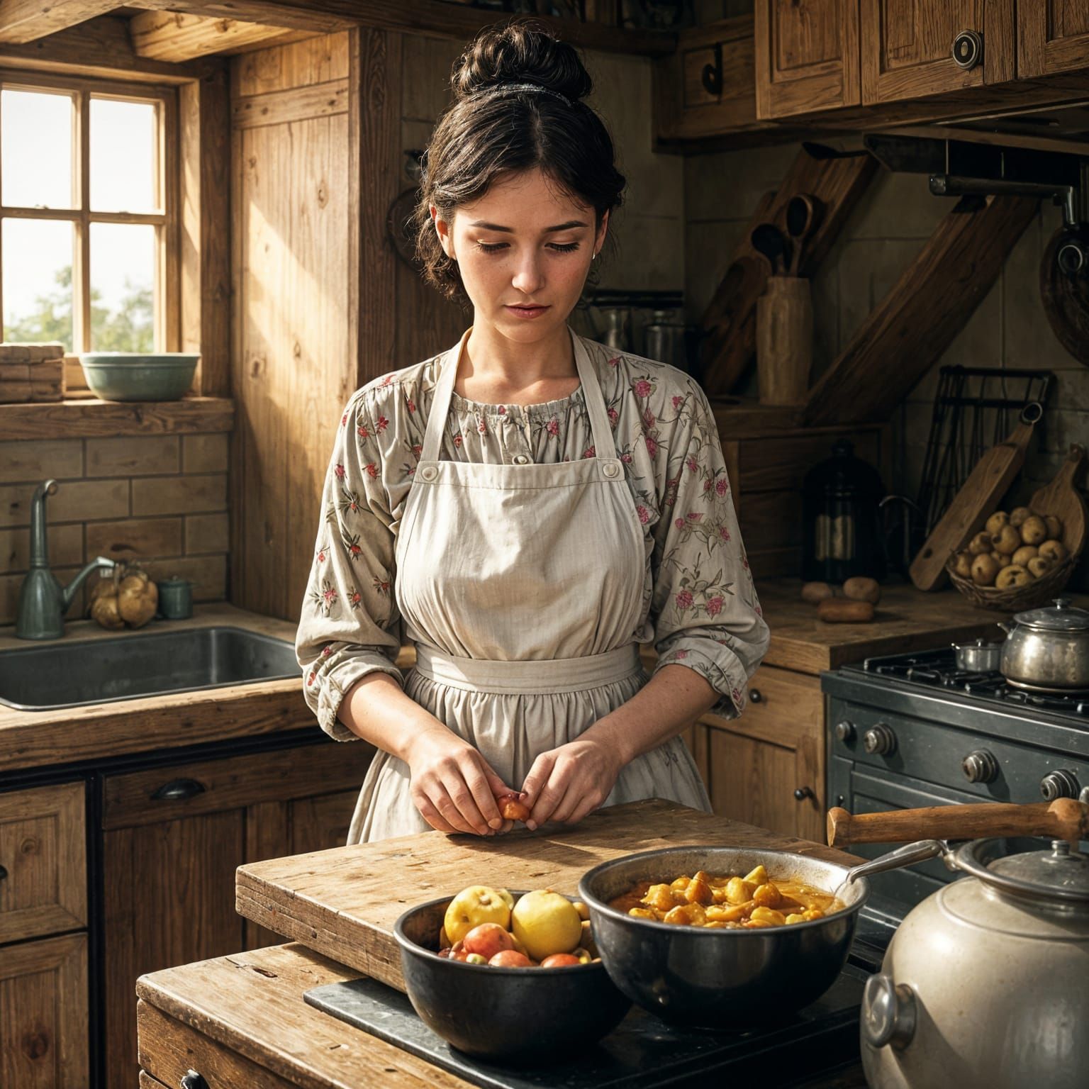 Evacuee Chops Apple for Curry in 1930s Country Cottage Kitch...