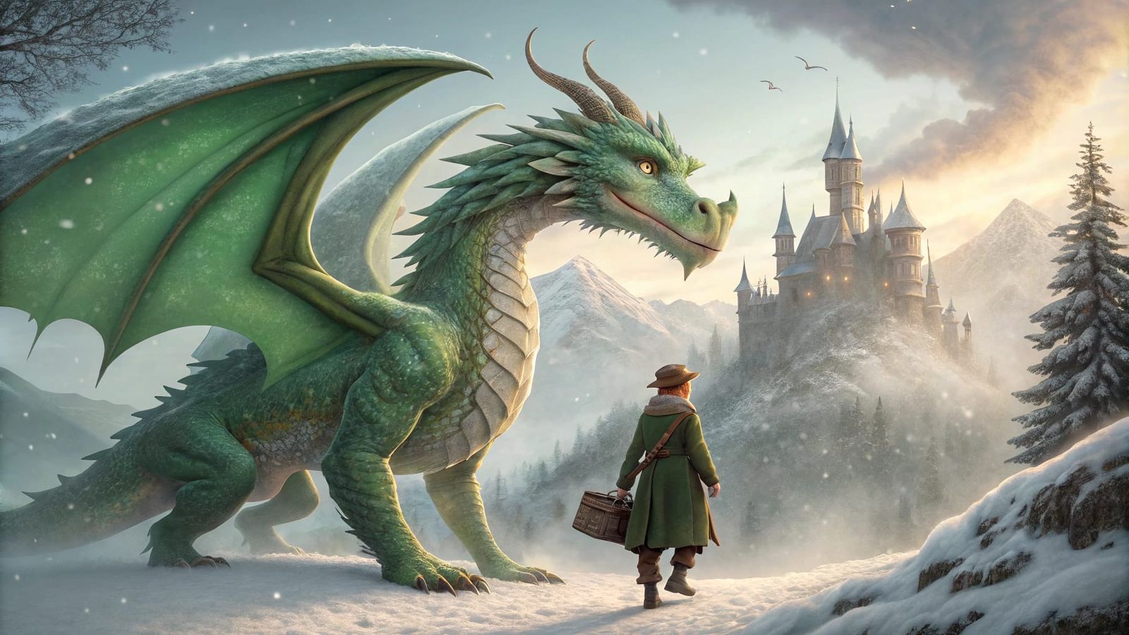 Dragon Rider Soaring Over Winter Castle