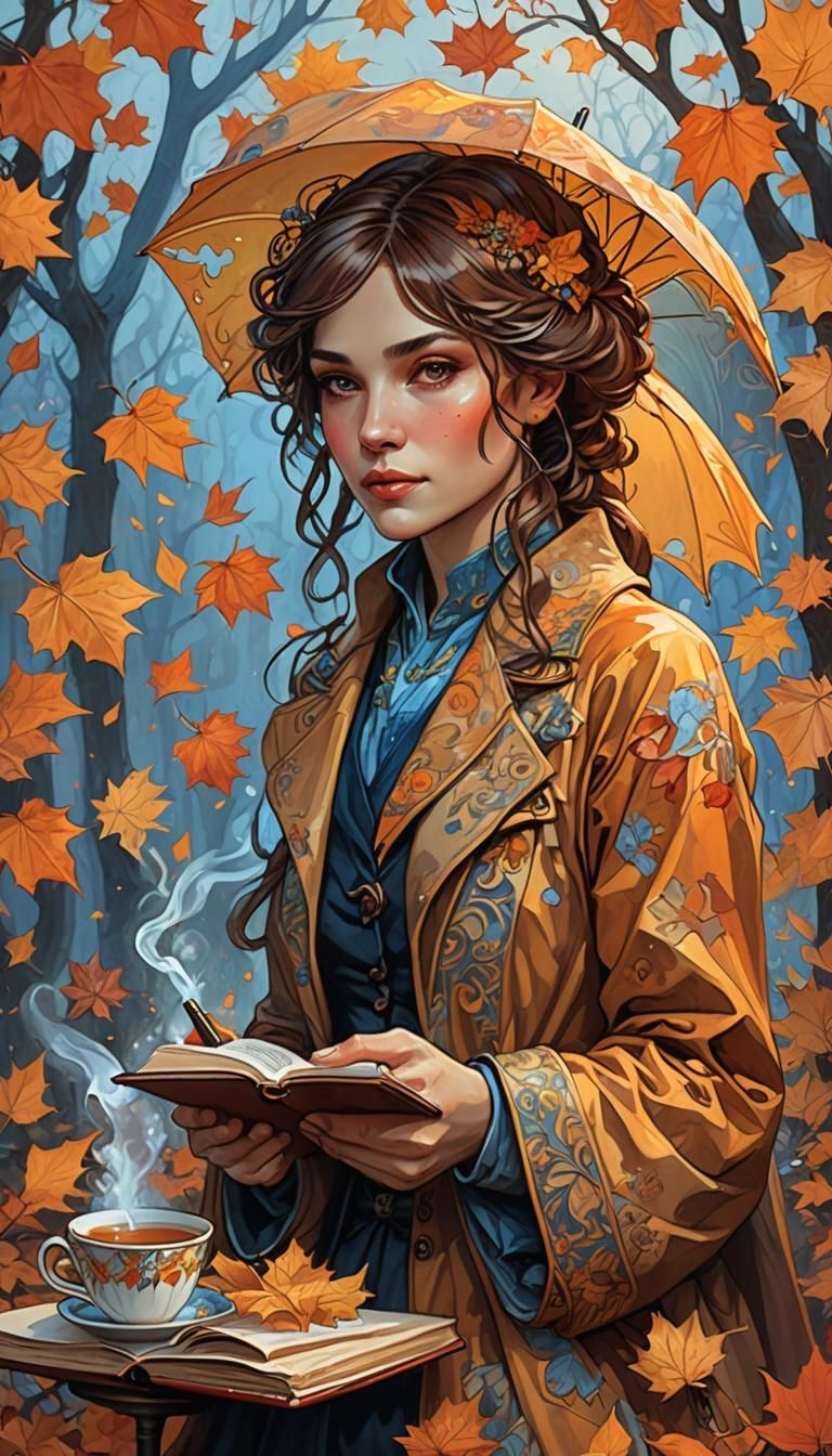 Autumn Portrait with Umbrella, Art Nouveau Style
