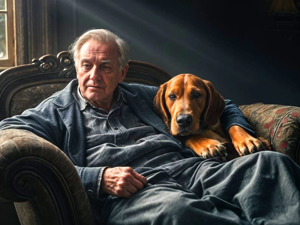 Old Man and Basset Hound Relaxing on Indigo Chaise Lounge