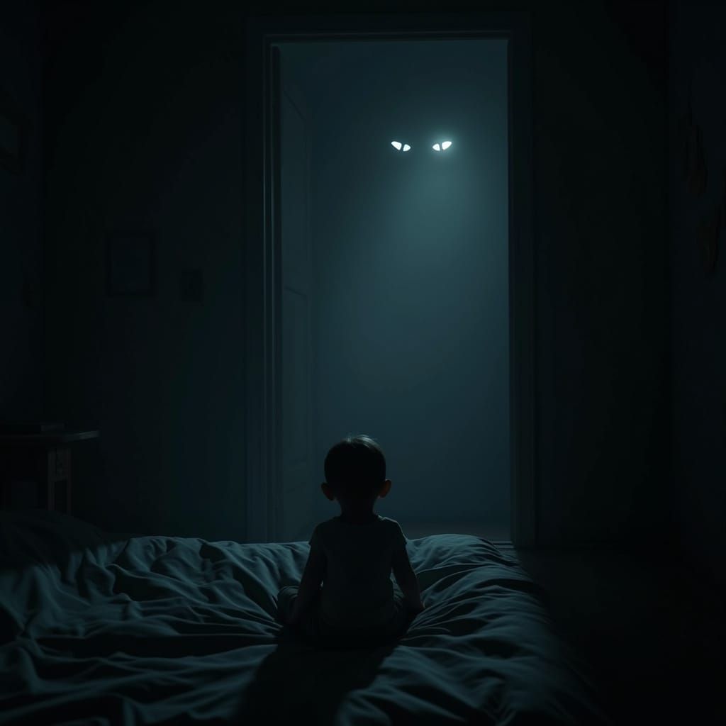 Ominous Shadows Confront a Frightened Child in a Darkened Be...
