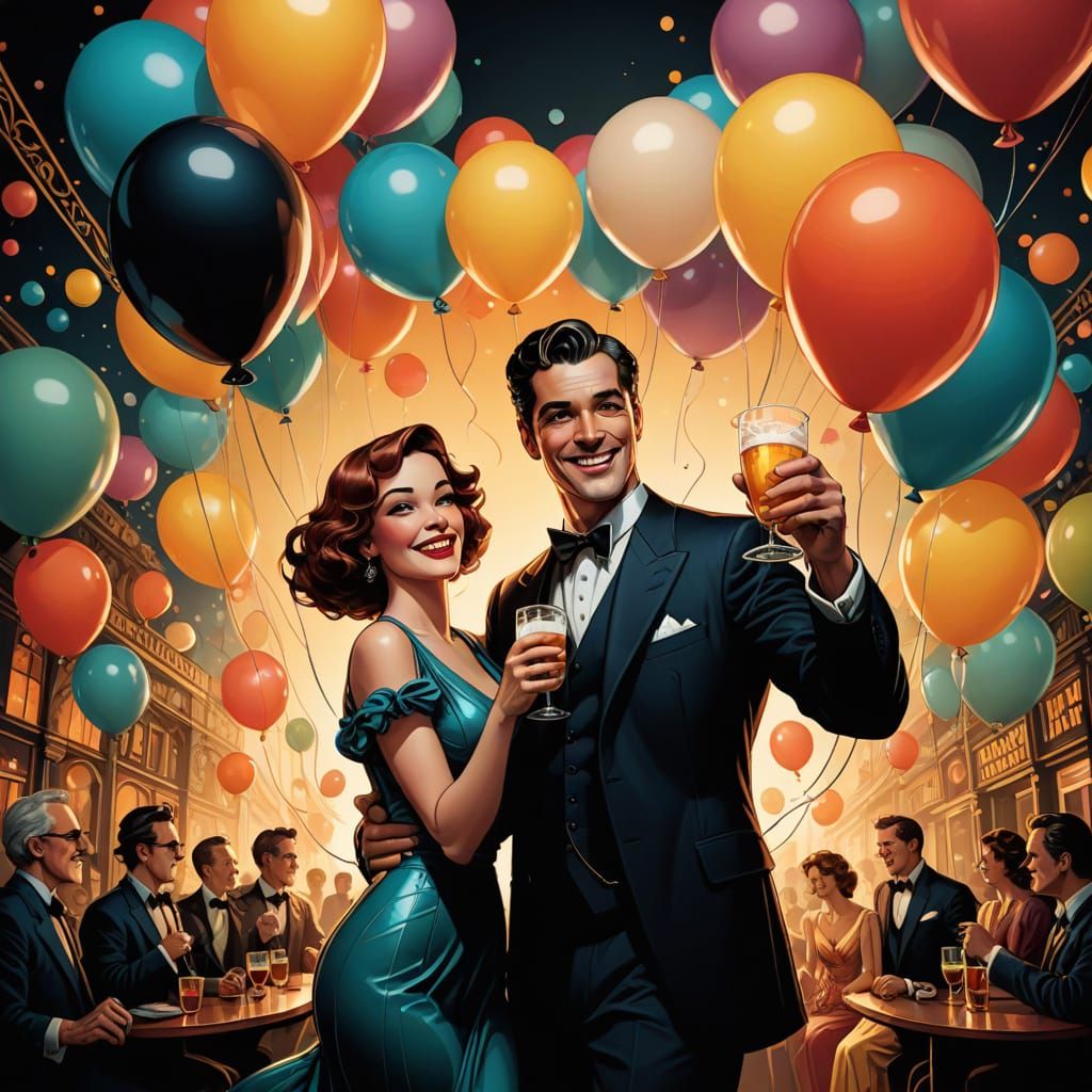 Glamorous Couple Cheers in Noir Comic Style