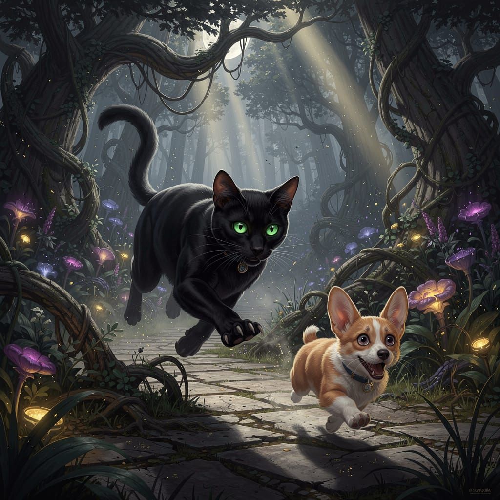 Dark Fantasy Cat Chases Corgi in Ethereal Moonlit Garden