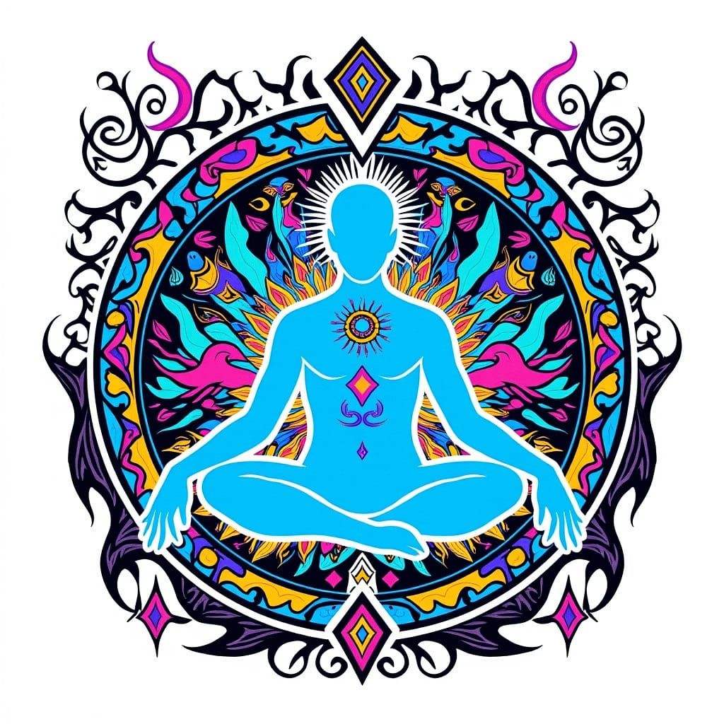 Meditating Man in Bioluminescent Cosmic Dreamscape