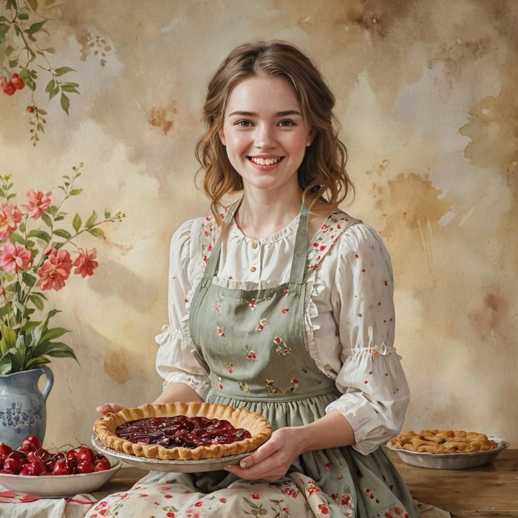 Girl with Cherry Pie, Waterhouse-Inspired Watercolor