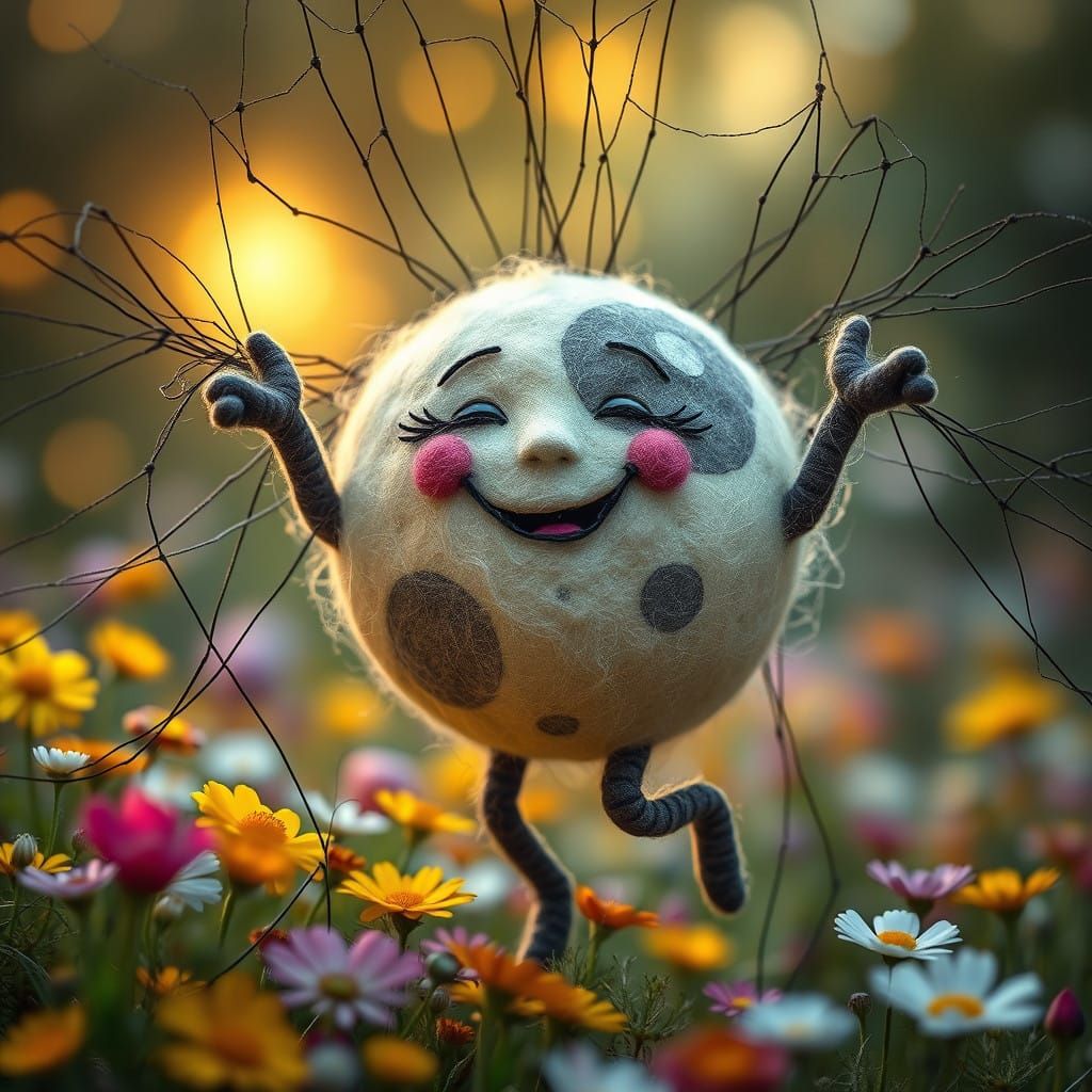 Surreal Felted Wool Art Moon Dances in a Wildflower Field