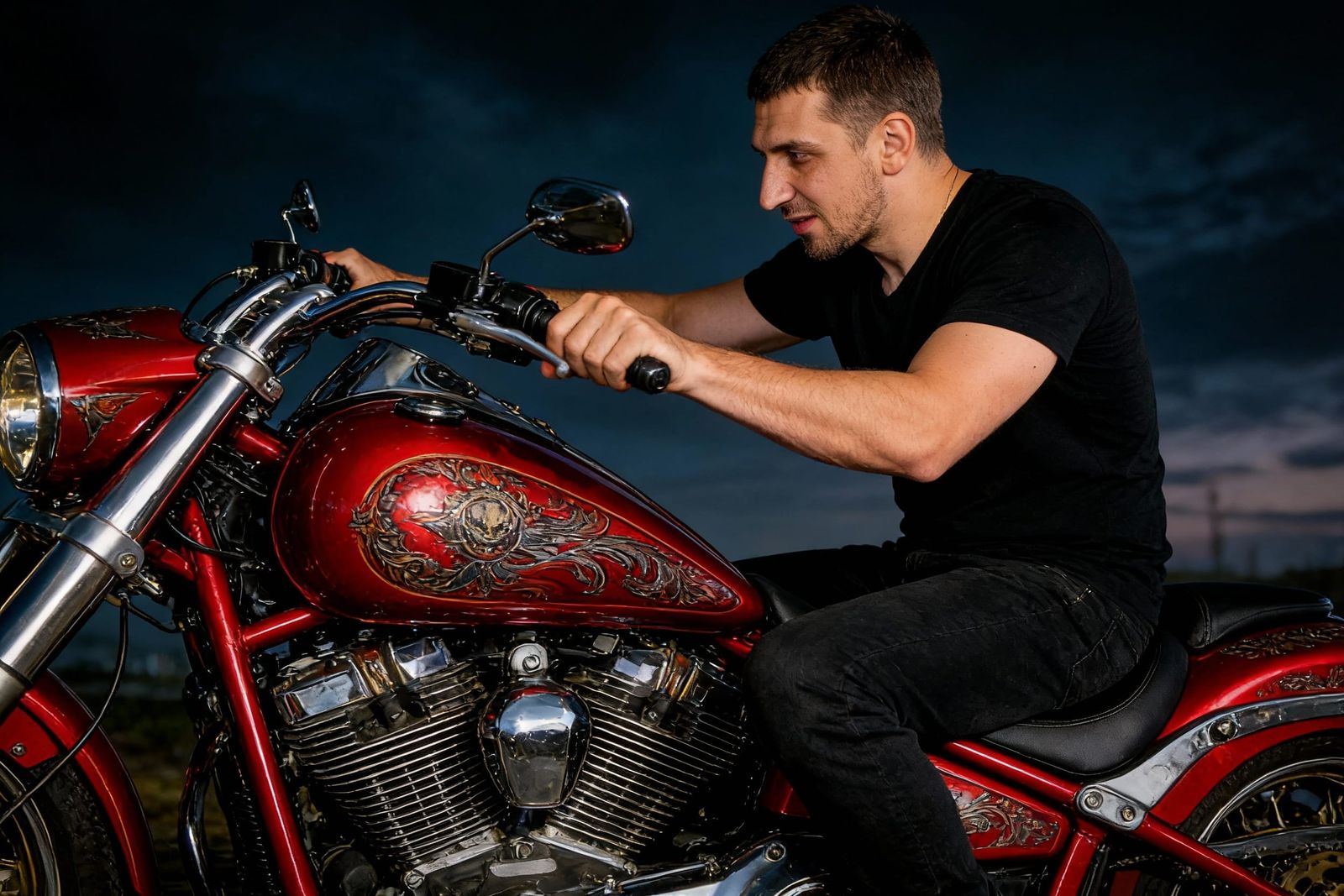 Man Rides Red Motorcycle in Hyperrealistic Style