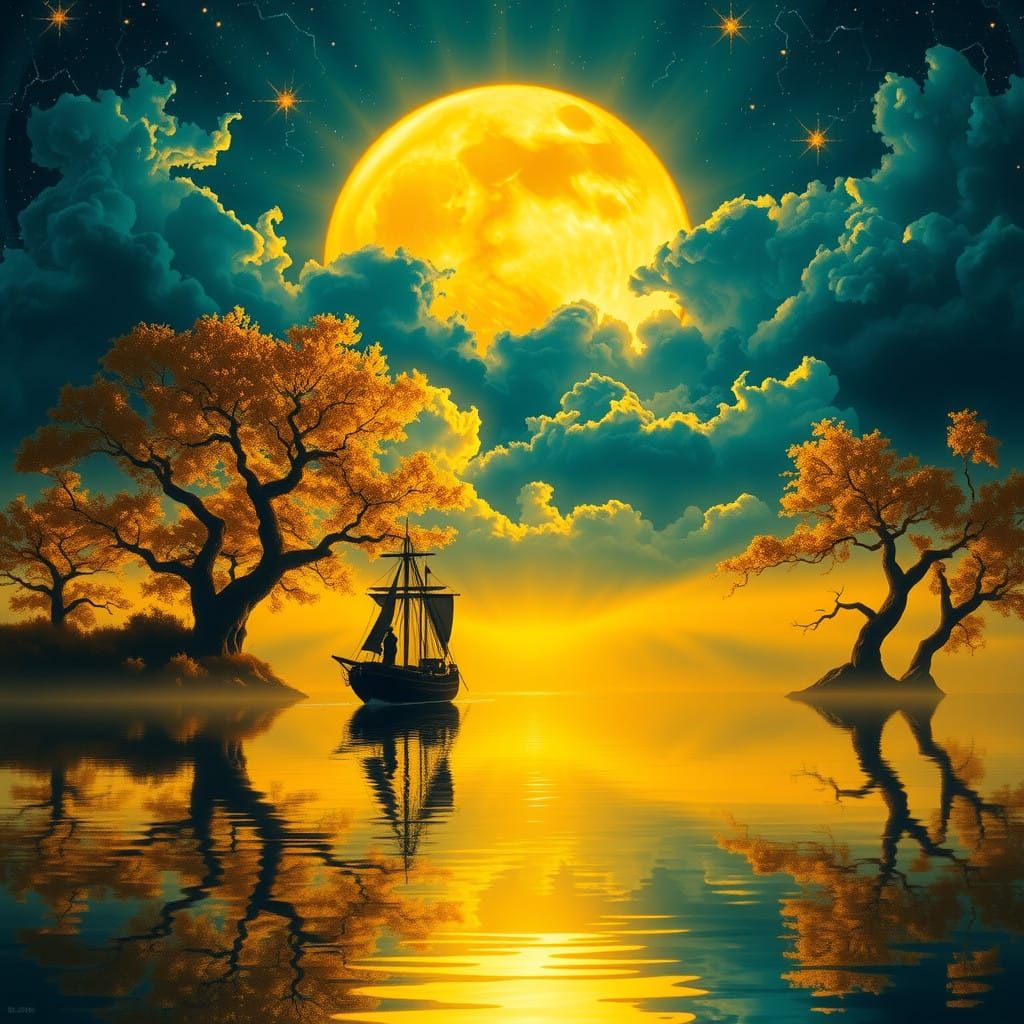 Moonlit Serenity: Sailing Under a Golden Night Sky