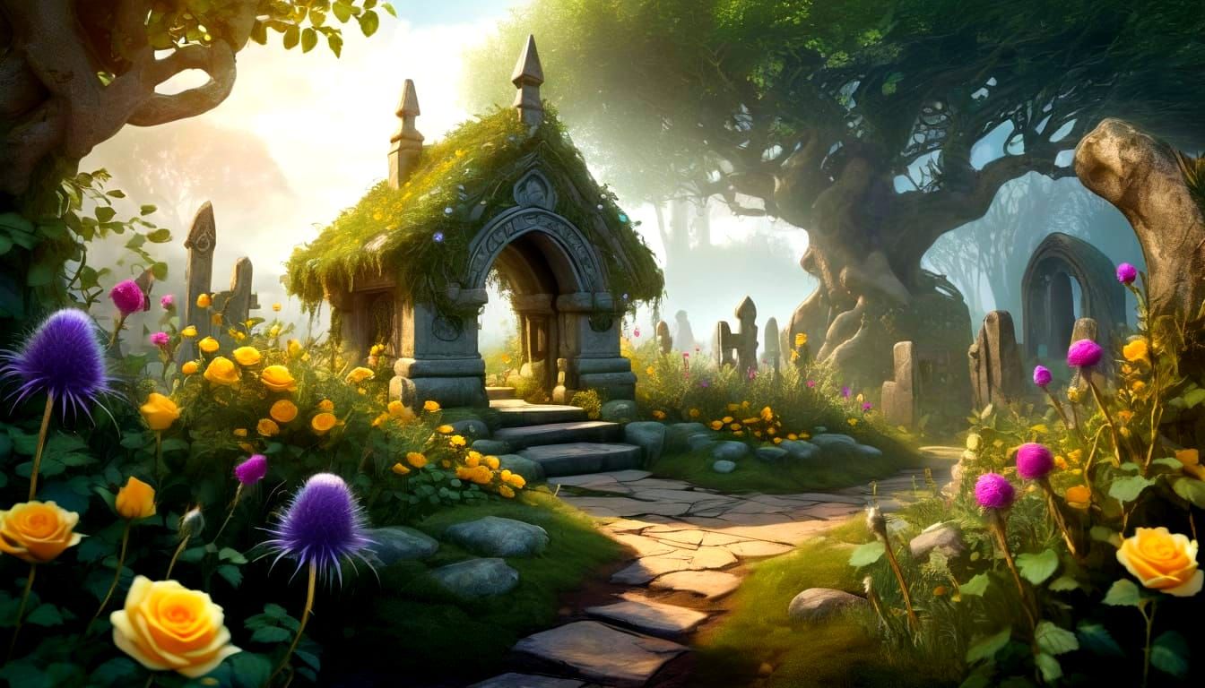 Whimsical Thistle Thicket Shrine in High Fantasy Style