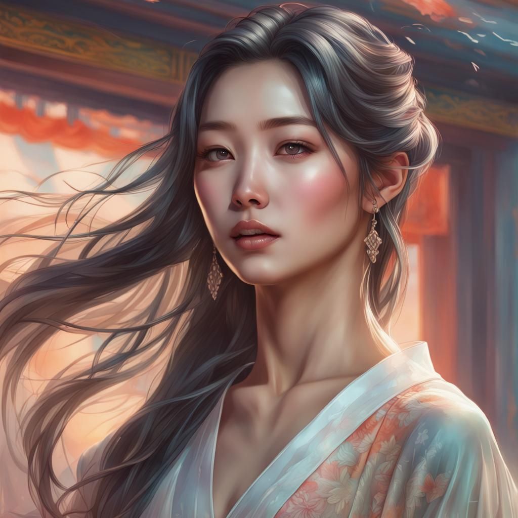 Korean Woman in Silk Robe, Hyperrealistic Portrait