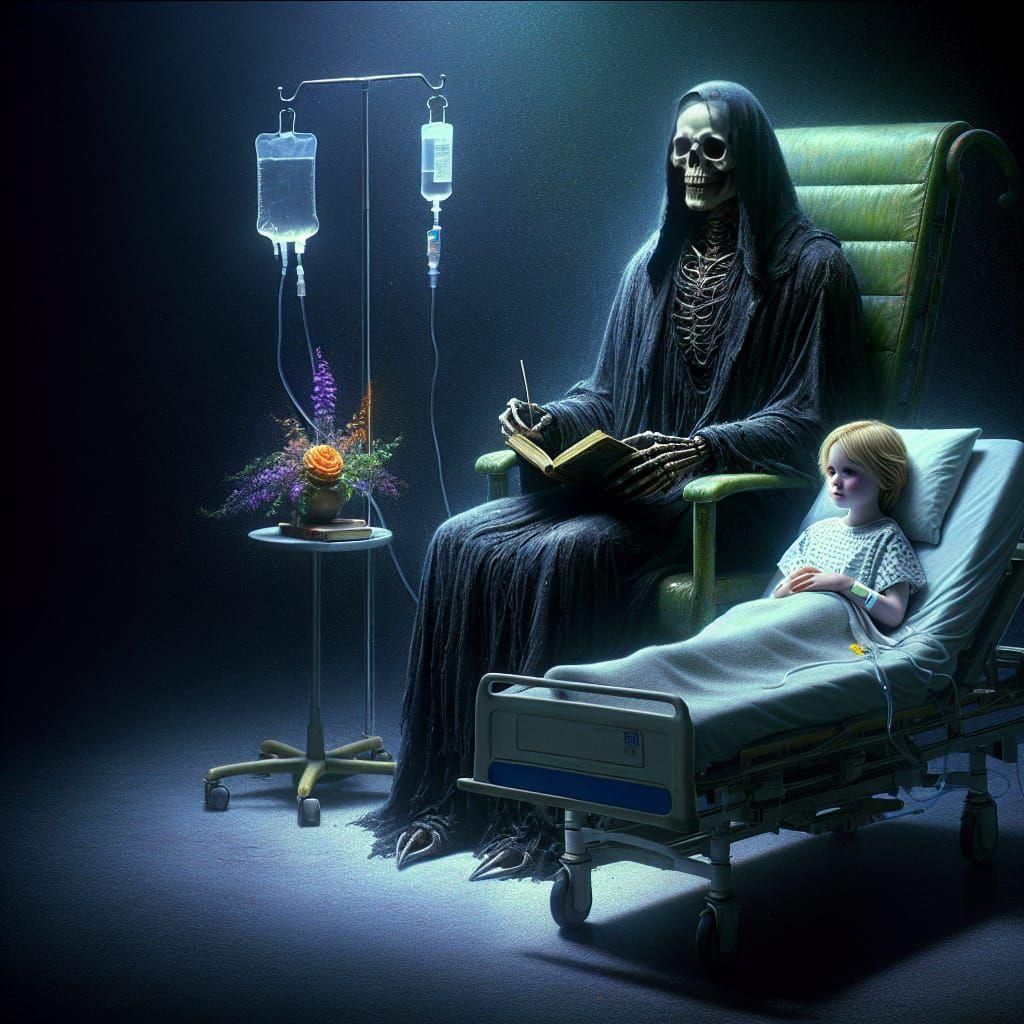 Grim Reaper Reads to Child: Hyperrealistic Oil Painting