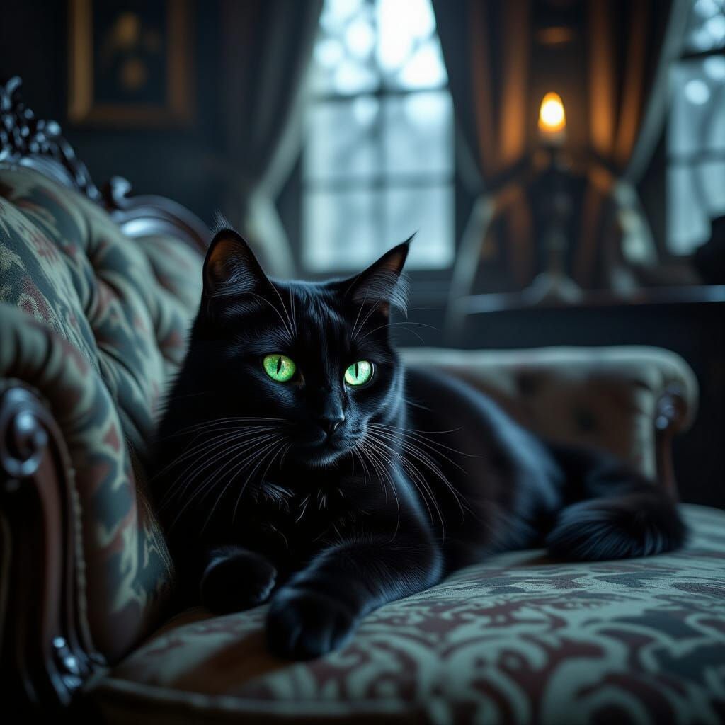 Mischievous Black Cat in Moonlit Gothic Study