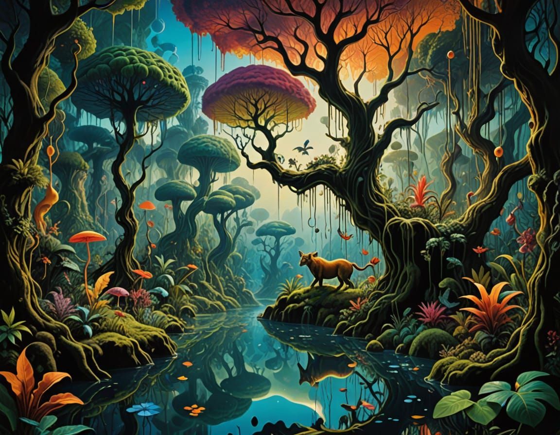 Dreamlike Liquid World Jungle Scene with Iridescent Colors a...