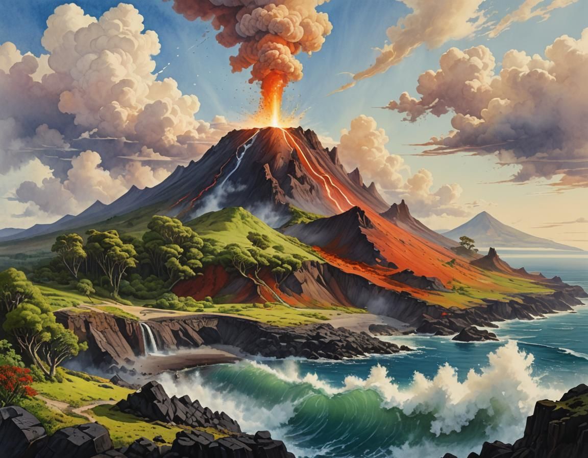 Levitating Volcano Island: Watercolor Sky Art