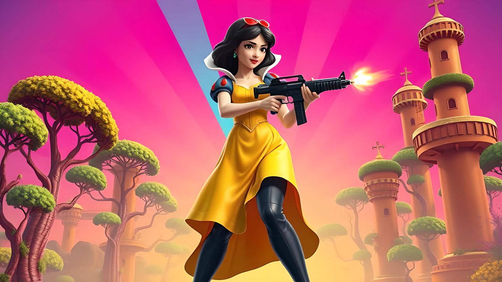 Snow White with Machine Gun in Cartoon Style