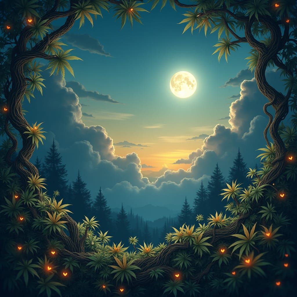 Nighttime Scene with Glowing Moon and Fantasy Foliage