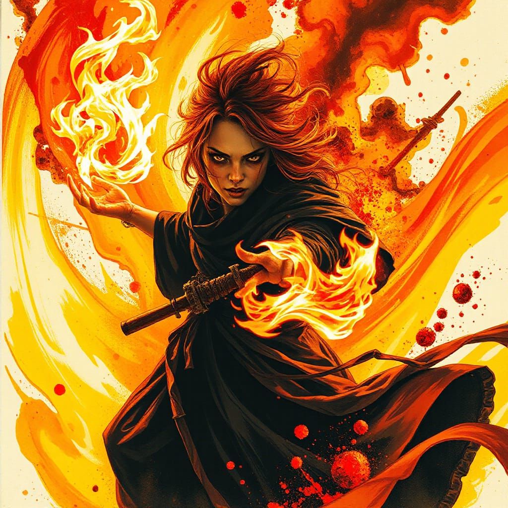 Female Fire Mage Wielding Flames in Action Painting Style