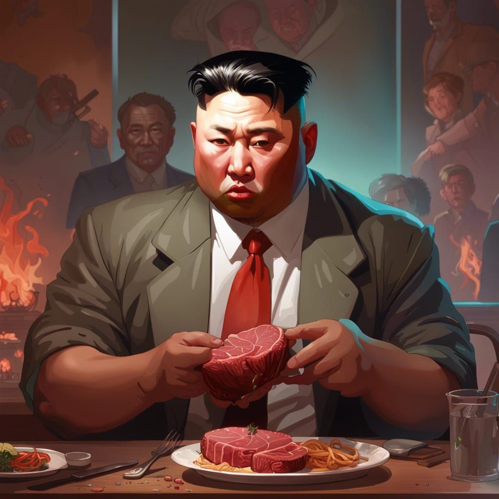 Kim Jong-un Portrait Eating Steak, Detailed Art