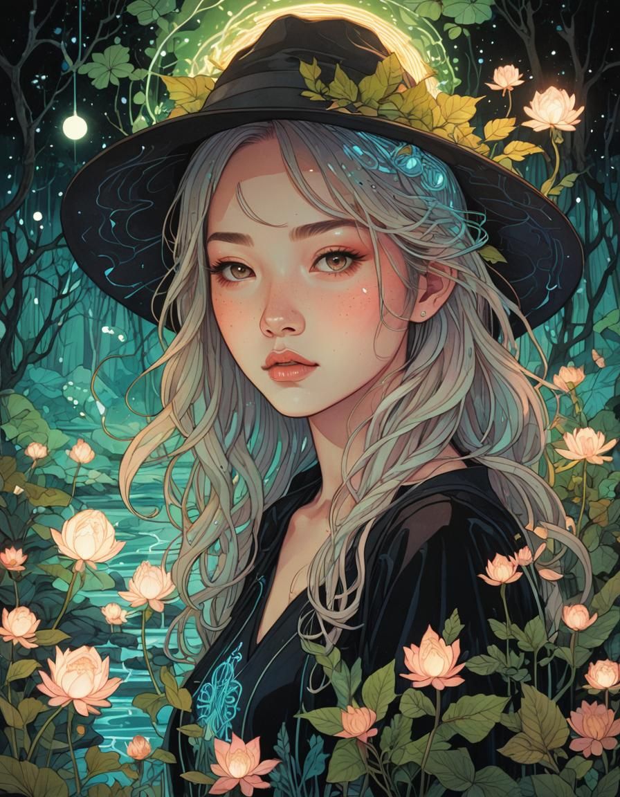 Neon Techno Witch in Watercolor Style