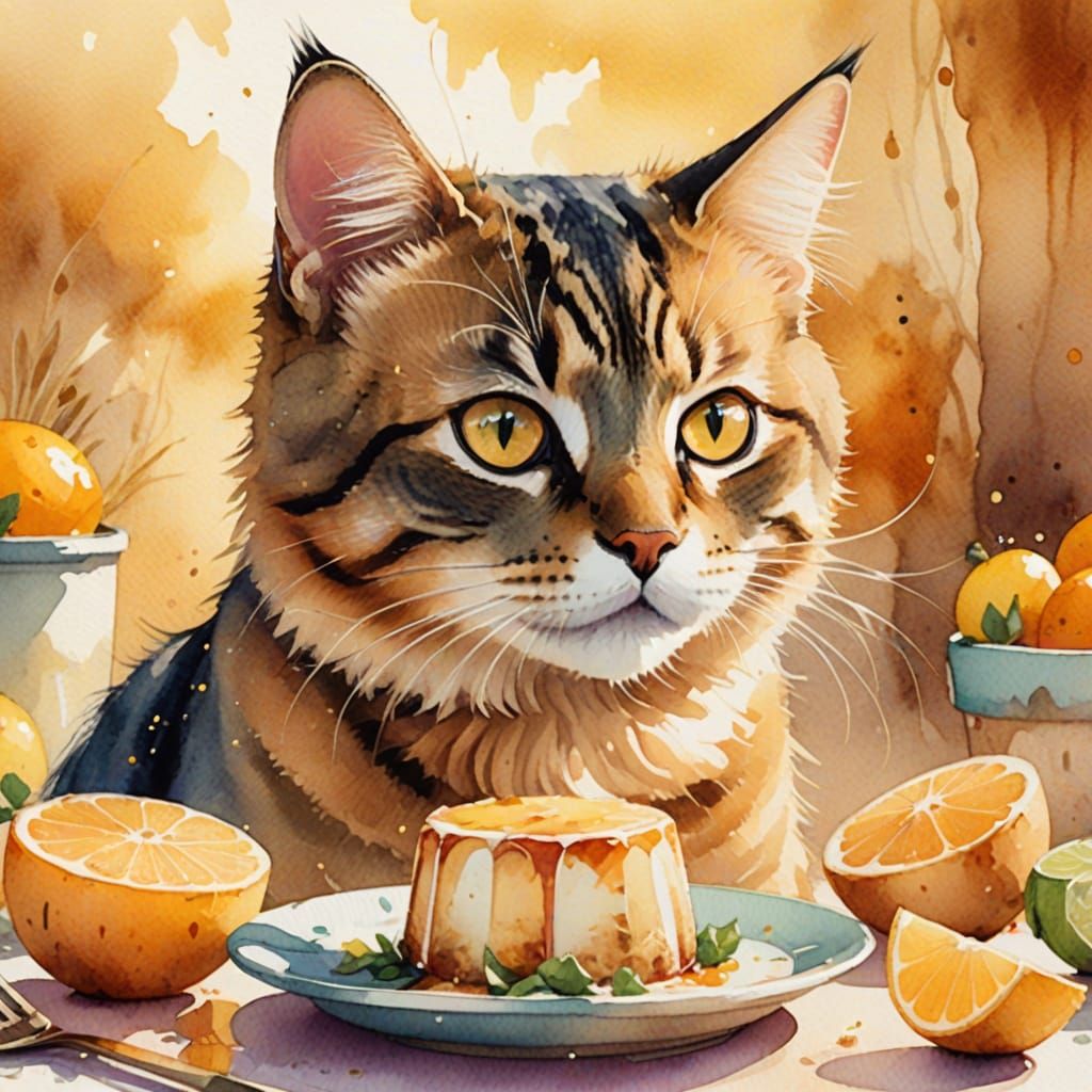 Whimsical Watercolor Cat Enjoying a Meal