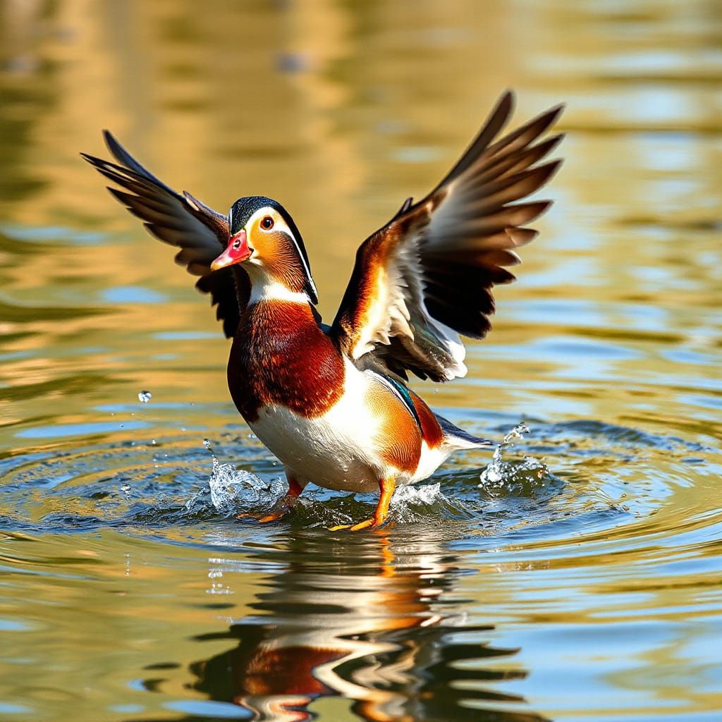 Mandarin Duck Takes Flight in Golden Hour Oil Painting