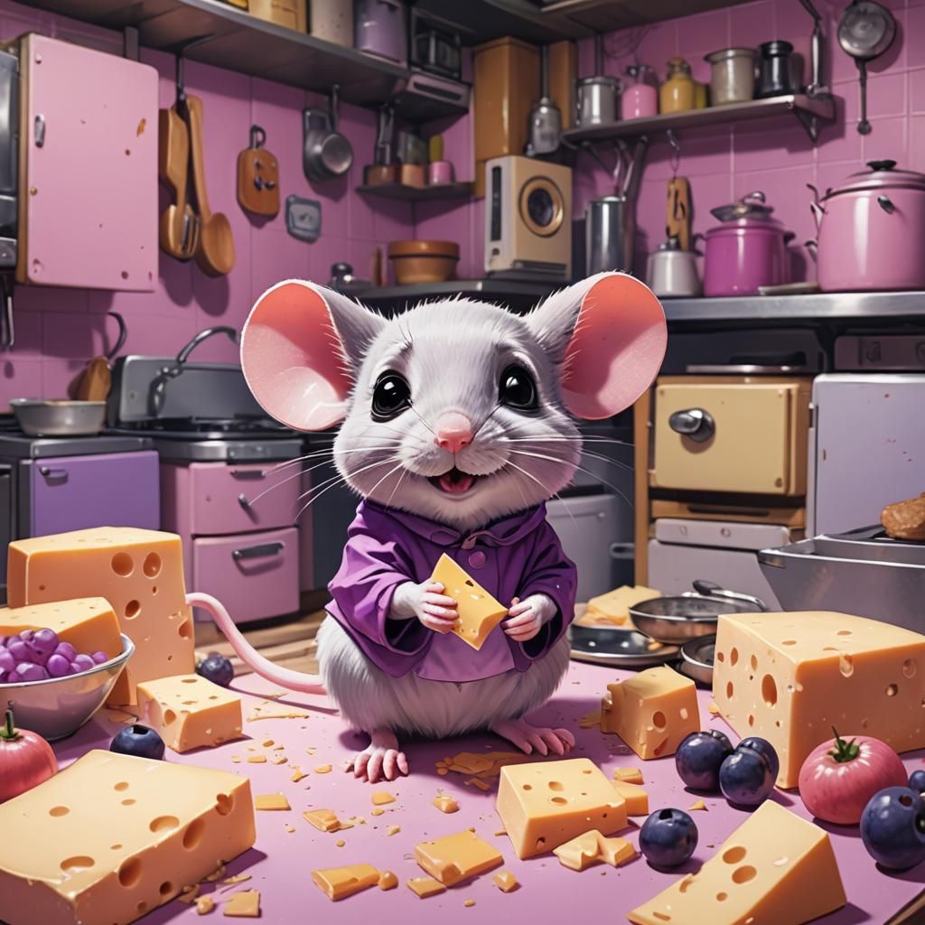 Cute Mouse Hoarding Cheese in Pink Kitchen, Anime Style